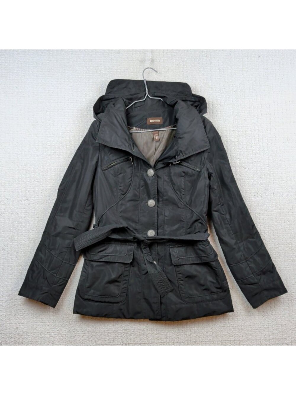 Danier Utility Trench Coat Jacket Tie Belted Wom Sz XS Gorp Cargo Parka Black